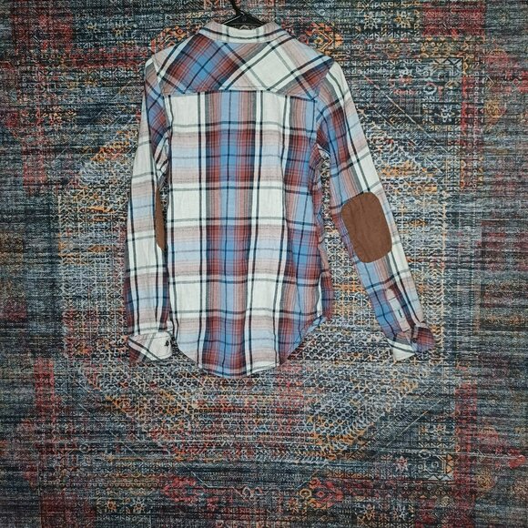 Kavu womens blue rust white plaid corduroy flip an elbow patch flannel shirt XS - Picture 2 of 9